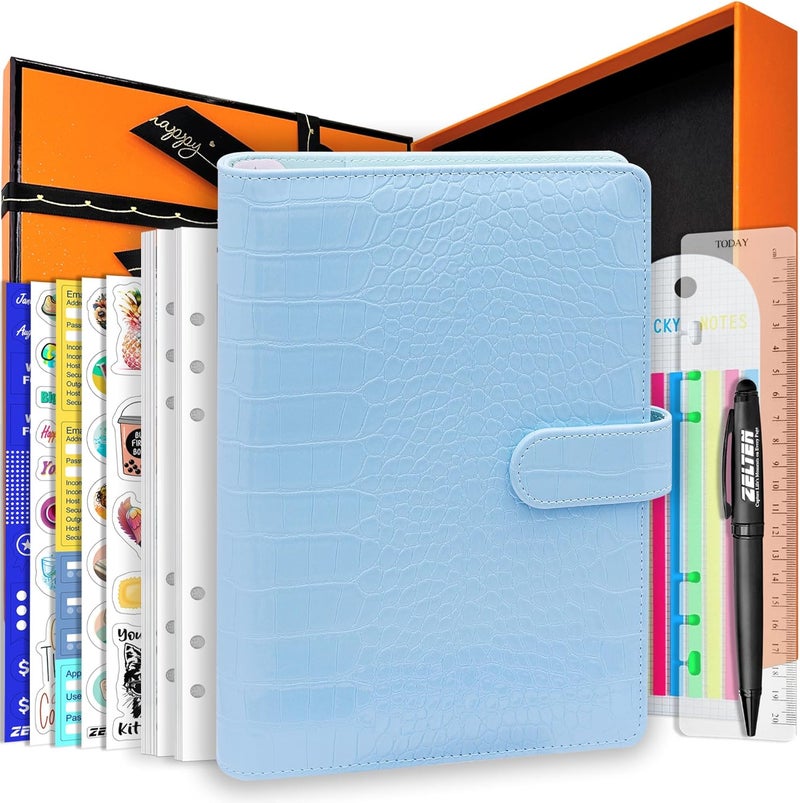 Zelten PU Leather Personal Notebook Planner with 80 Pages Loose-Leaf Papers 6 Holes Ring Binder Pen Holder Magnetic Buckle (Sky Blue Crocodile Pattern, A5 Gift Box) - Image 1