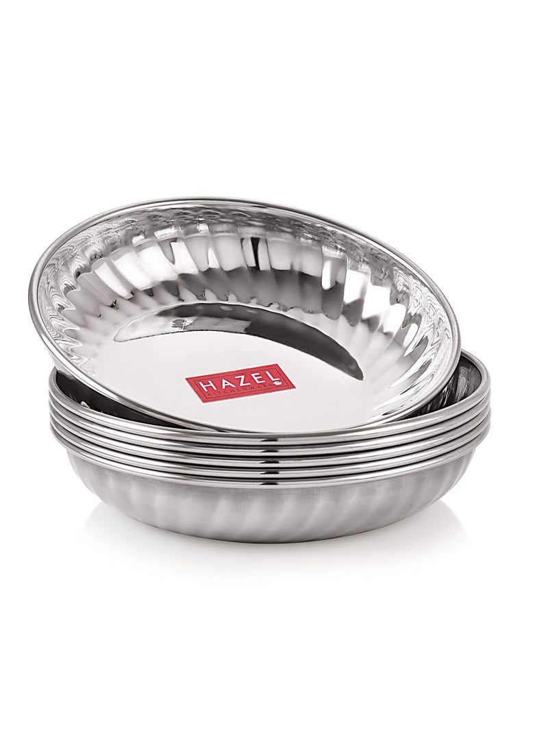 HAZEL Stainless Steel Dessert Silver Plate | 310 ml Each Steel Plate for Snacks, Breakfast | Stainless Steel Katori, Set of 6 - Image 1