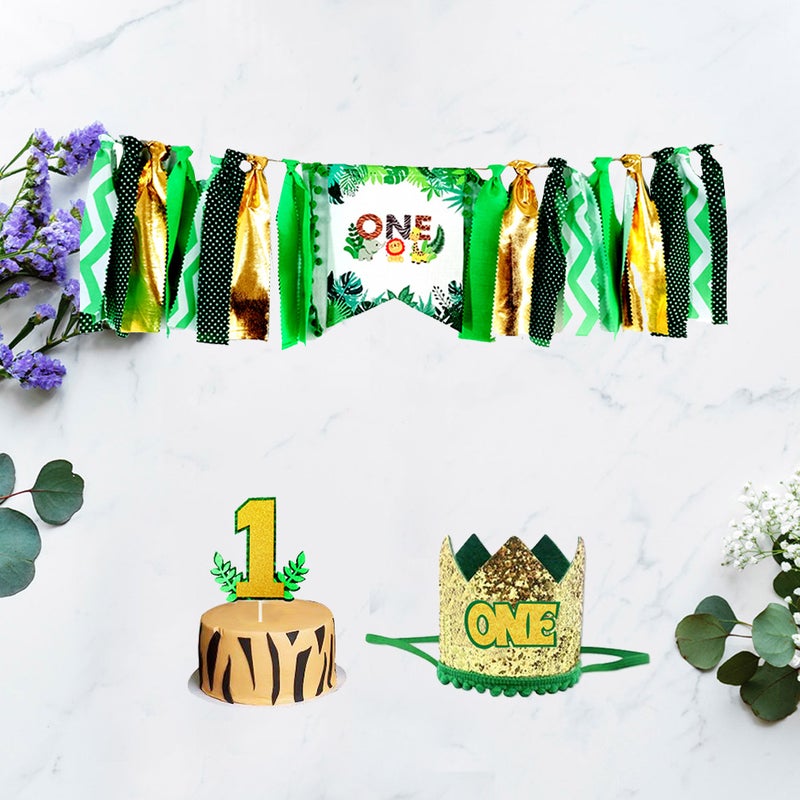 1 Set of 3pcs Jungle Decor One-year-old Birthday Pull Flags Jungle Animal Birthday Party Banner Cartoon Printing Hanging Banners Animal Themed Pull Flags Cloth Brithday Party Decor for Home Store Use - Image 1