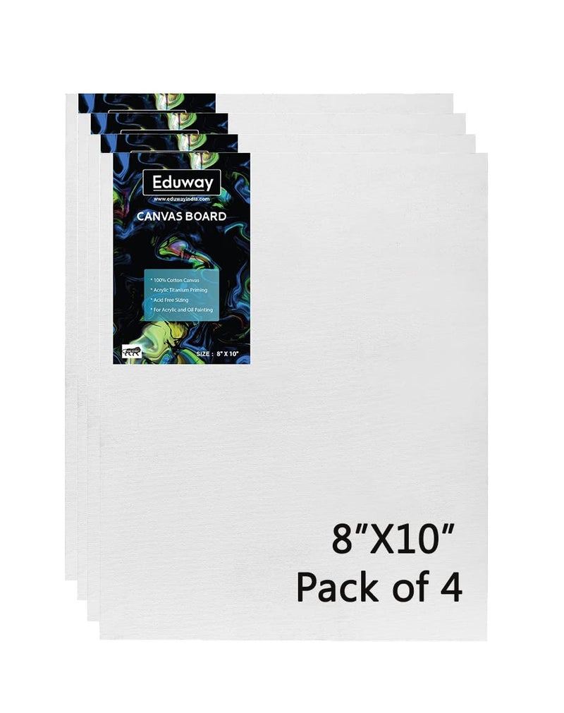 Eduway® Canvas Board for Painting- (8x10) | Premium Quality 7Oz Pre-Primed Cotton Canvas Board for Artists & Beginners | Ideal for Acrylic, Oil, Gouache, Pastels Colors (Pack of 4) (20x25 cms). - Image 1