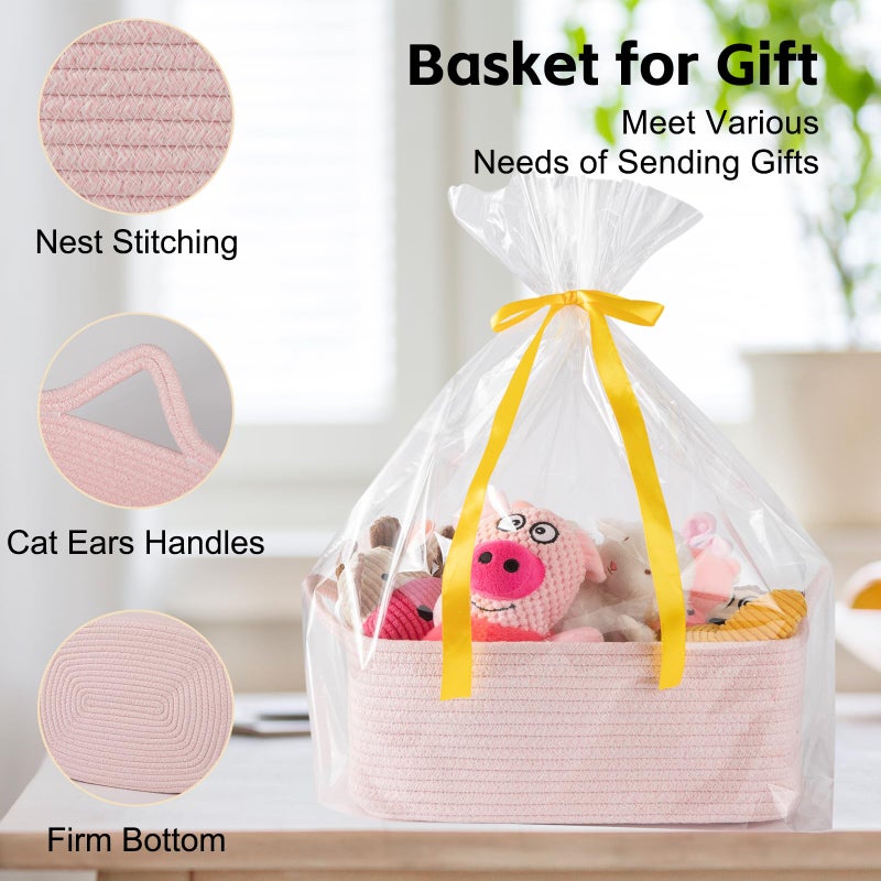 Oiahomy Cute Woven Basket With Gift Bags And Ribbons  Gift Basket Empty For Baby Showers Birthday  Nursery Bin With Handles For Baby Room Living Room  Pet Toy Bins For Toy Organizer - Mixed Pink - Image 3