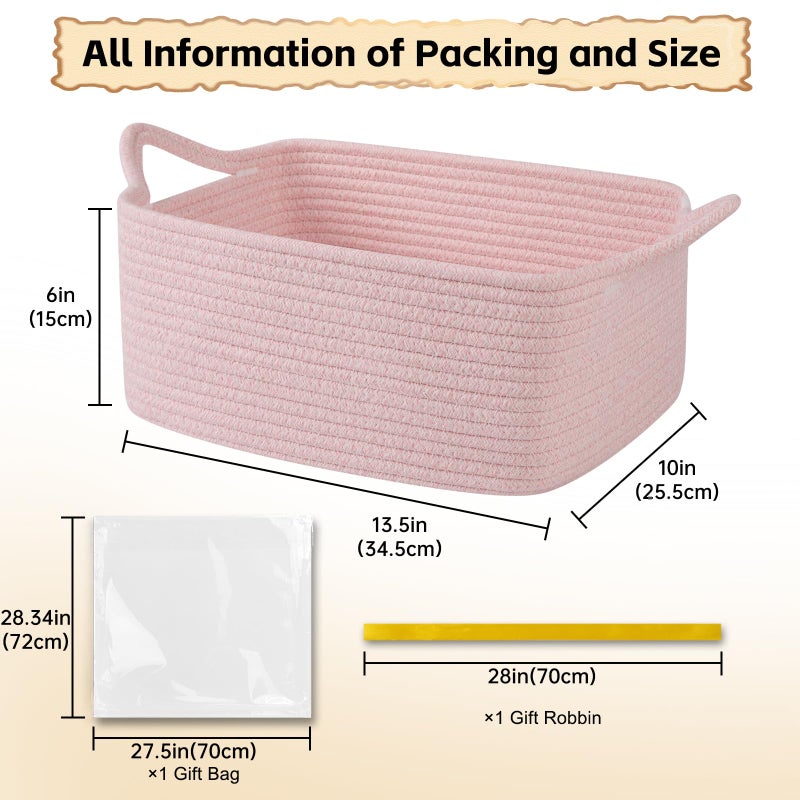 Oiahomy Cute Woven Basket With Gift Bags And Ribbons  Gift Basket Empty For Baby Showers Birthday  Nursery Bin With Handles For Baby Room Living Room  Pet Toy Bins For Toy Organizer - Mixed Pink - Image 2