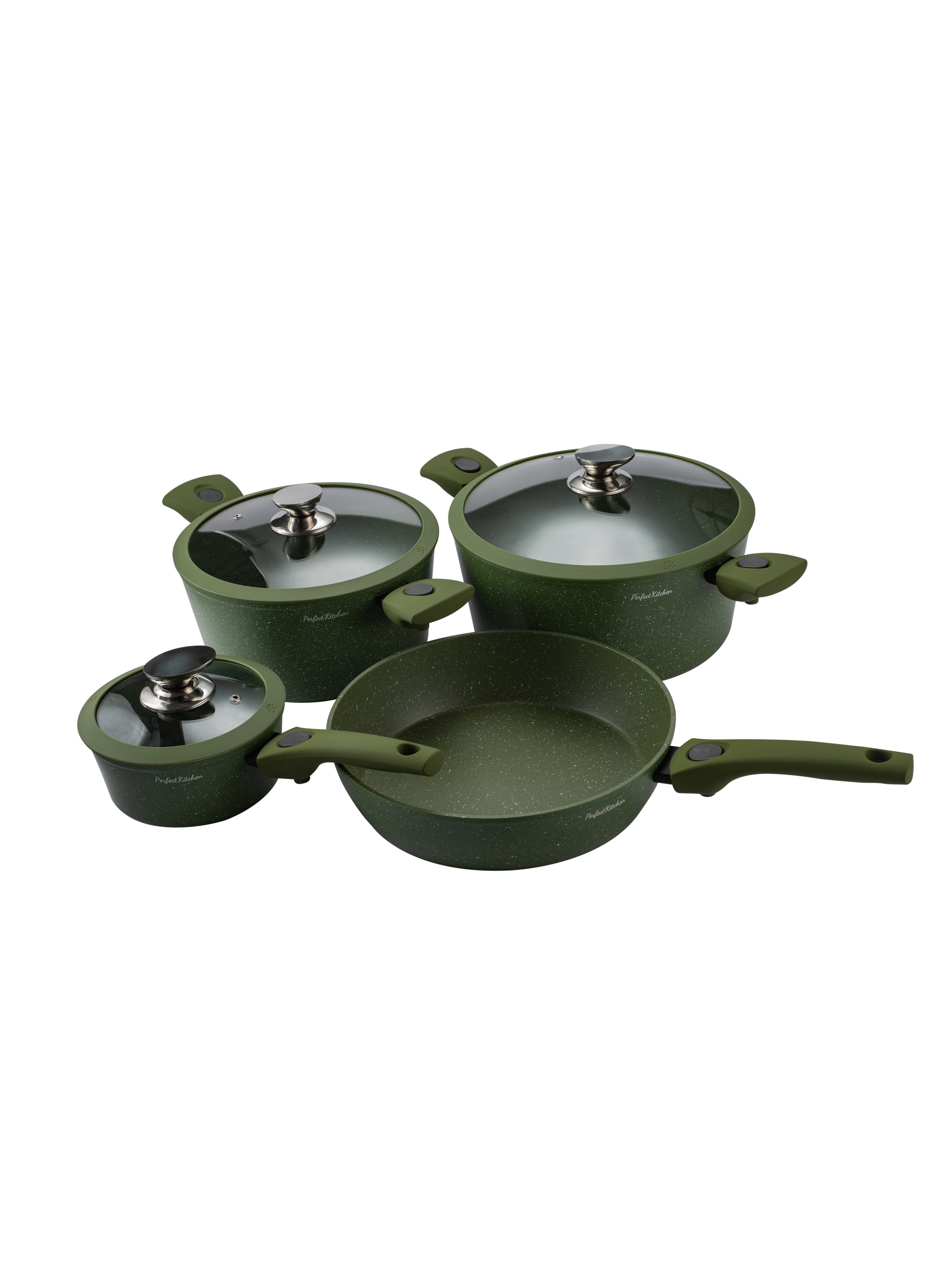 PERFECT KITCHEN 7pc Cookware Set Die Cast Granite Coated With Silicomn Led And RemovableHandles Green - 3 Casserole ( 24CM, 16CM, 28CM And FryPan 28CM) With 3 Lids 