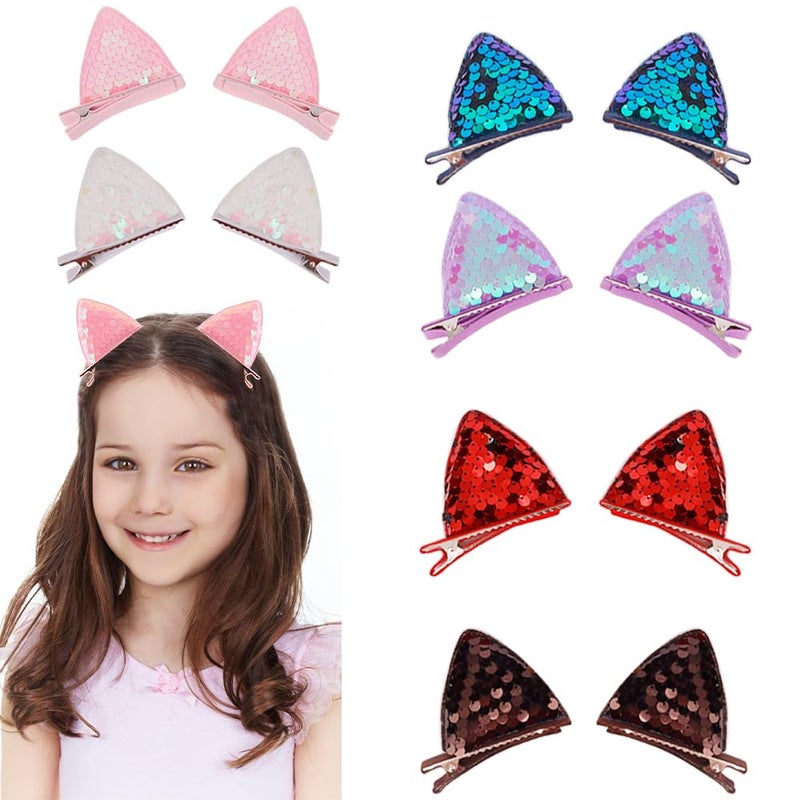 12PCS Cat Ears Hair Clips Cute Reversible Sequins Sparkly Cat Ear Clips Barrettes for Women Girls Hair Accessories for Costume Party Favor Halloween Christmas Decoration