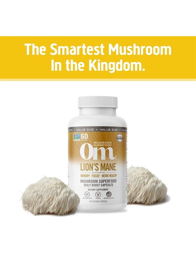 Om Mushroom Superfood - Lion's Mane Mushroom Capsules Superfood Supplement, 180 Count, 60 Days, Fruit Body and Mycelium Nootropic for Memory Support, Focus, Clarity, Nerve Health, Creativity and Mood - Image 1