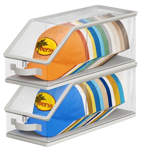 AOODA 2PCS Stackable Hat Storage for Baseball Caps Clear Hat Organizer for Closet Holds up to 24 Caps Mens Hat Box Display with Cardboard Grey - Image 1