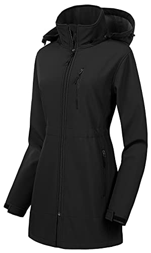 CREATMO US Women's Waterproof Softshell Jacket With Removable Hooded Thin Fleece Lined Windproof Outdoor Cycling Hiking Coat Black 2XL - Image 1