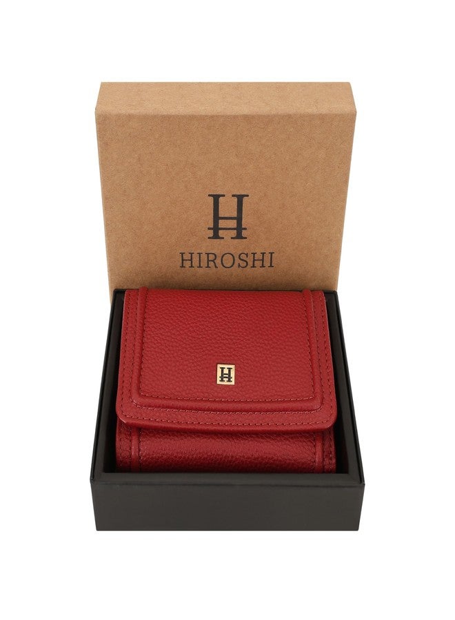 HIROSHI Genuine Leather Women Bi Fold Purse with Card Slots -Red - Image 3
