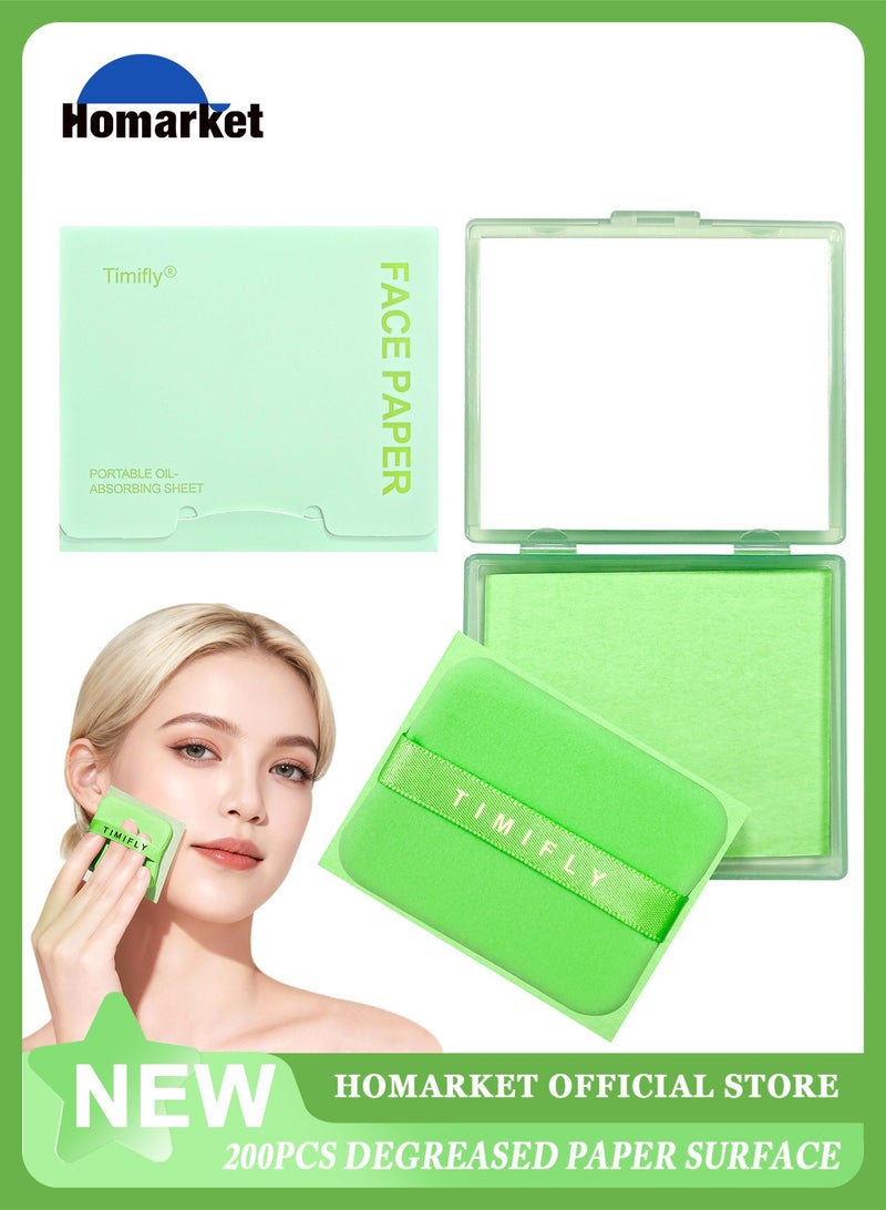 تيميفلاي مناديل امتصاص الزيوت للوجه، 200 منديل، مناديل امتصاص الزيوت بالشاي الأخضر للبشرة الدهنية مع مرآة محمولة وإسفنجة مكياج، مناديل امتصاص الزيوت للوجه - Image 1