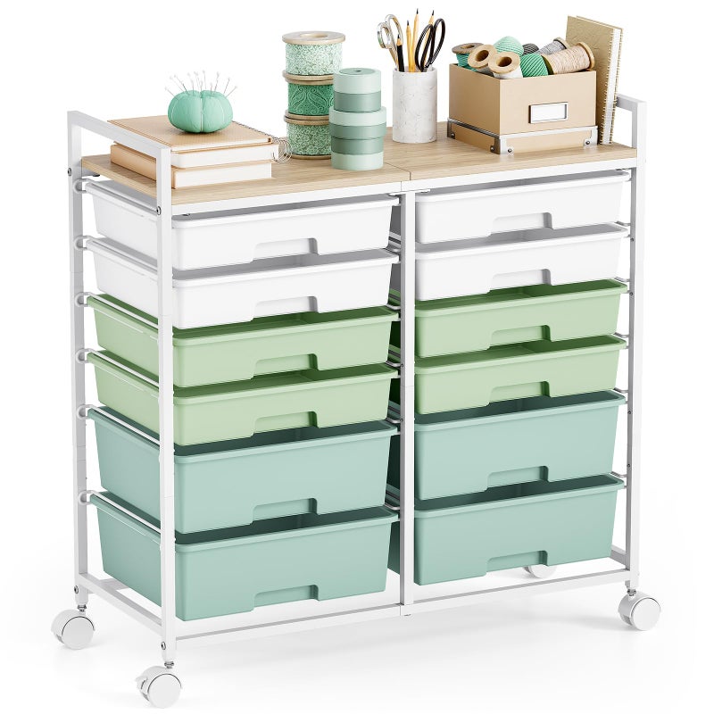 TOOLF Rolling Storage Cart with 12 Drawers, Wooden Tabletop Utility Cart for Craft Storage, Art Supply Storage & Home Office Organization, Teacher Cart with Wheels for Classroom Organization, School (Green) - Image 1
