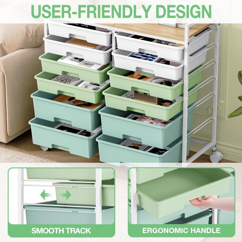 TOOLF Rolling Storage Cart with 12 Drawers, Wooden Tabletop Utility Cart for Craft Storage, Art Supply Storage & Home Office Organization, Teacher Cart with Wheels for Classroom Organization, School (Green) - Image 5