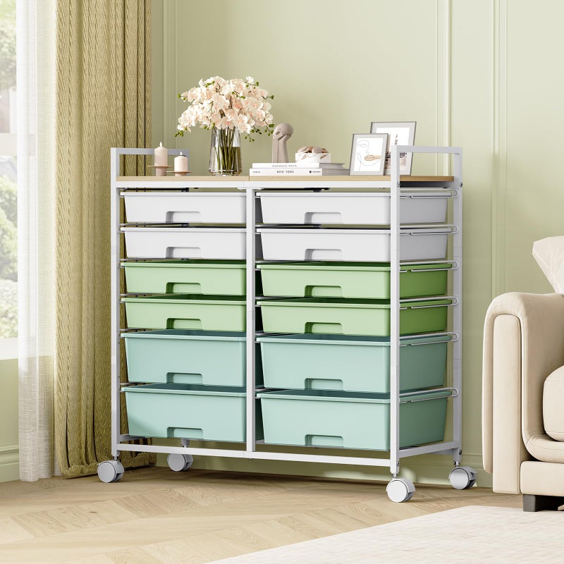 TOOLF Rolling Storage Cart with 12 Drawers, Wooden Tabletop Utility Cart for Craft Storage, Art Supply Storage & Home Office Organization, Teacher Cart with Wheels for Classroom Organization, School (Green) - Image 2