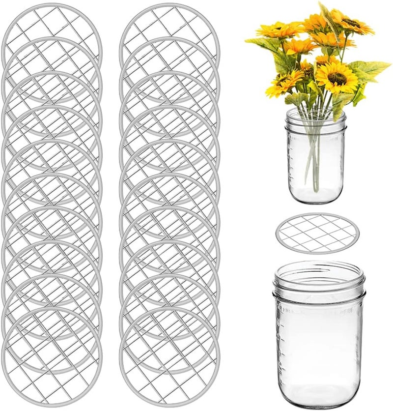 DLAND 20 Pieces Mason Jar Flower Frog Holder Lid Arrangement Flower Insert Lid Grid Organizer Lid Metal with Square Grids for Regular Standard Mouth Canning Jar. - Image 1
