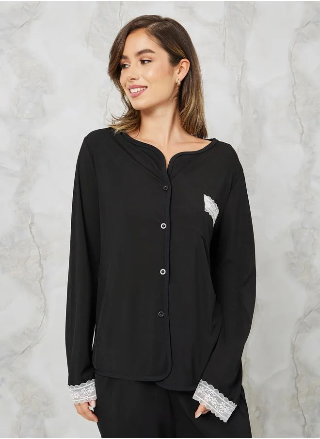 Styli Lace Trim Rib Shirt & Pyjama Set