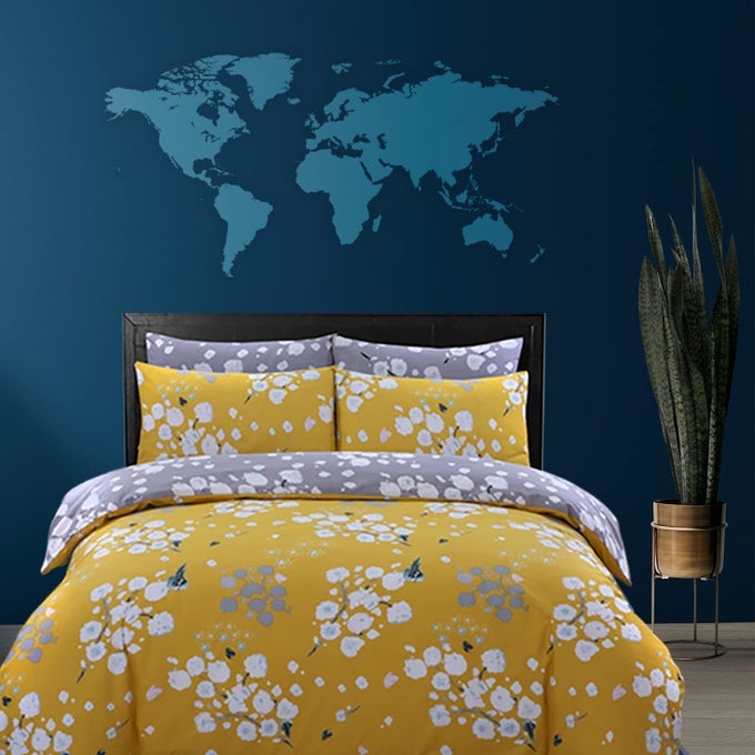 DOUBLE DUVET SET 100 PURE COTTON REVERSIBLE PRINTED HOTEL QUALITY DUVET COVER ULTRA SOFT EASY CARE DOUBLE BEDDING SET SUPER SOFT AND LUXURY DUVET COVER SETS BLOSSOM MUSTARD