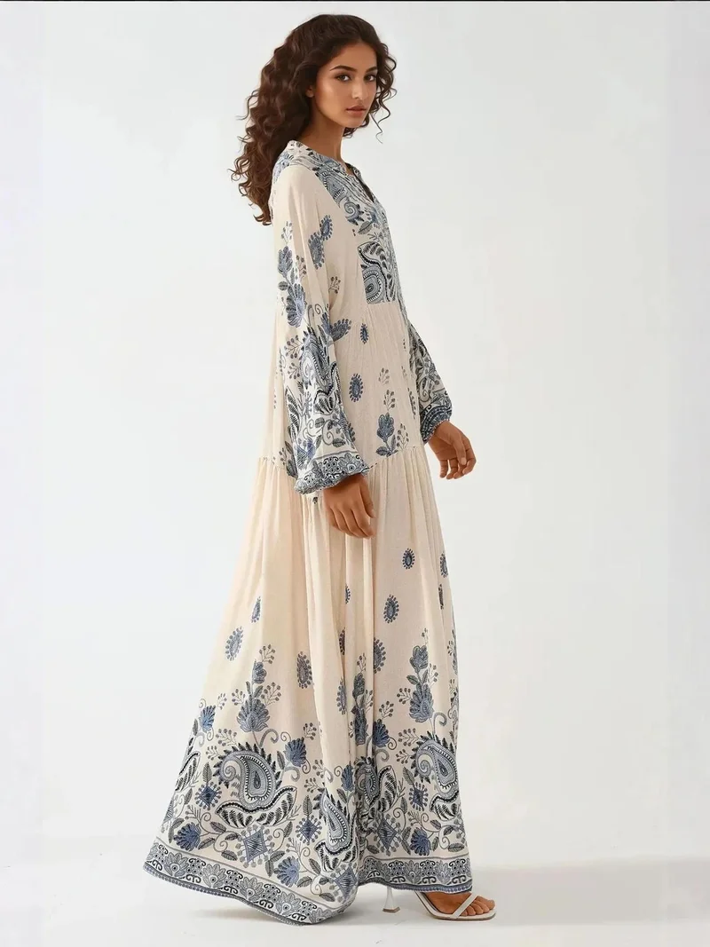 HICCUP Navy Blue Printed V-neck Maxi Dress with Button Detail for Women | Best Price UAE