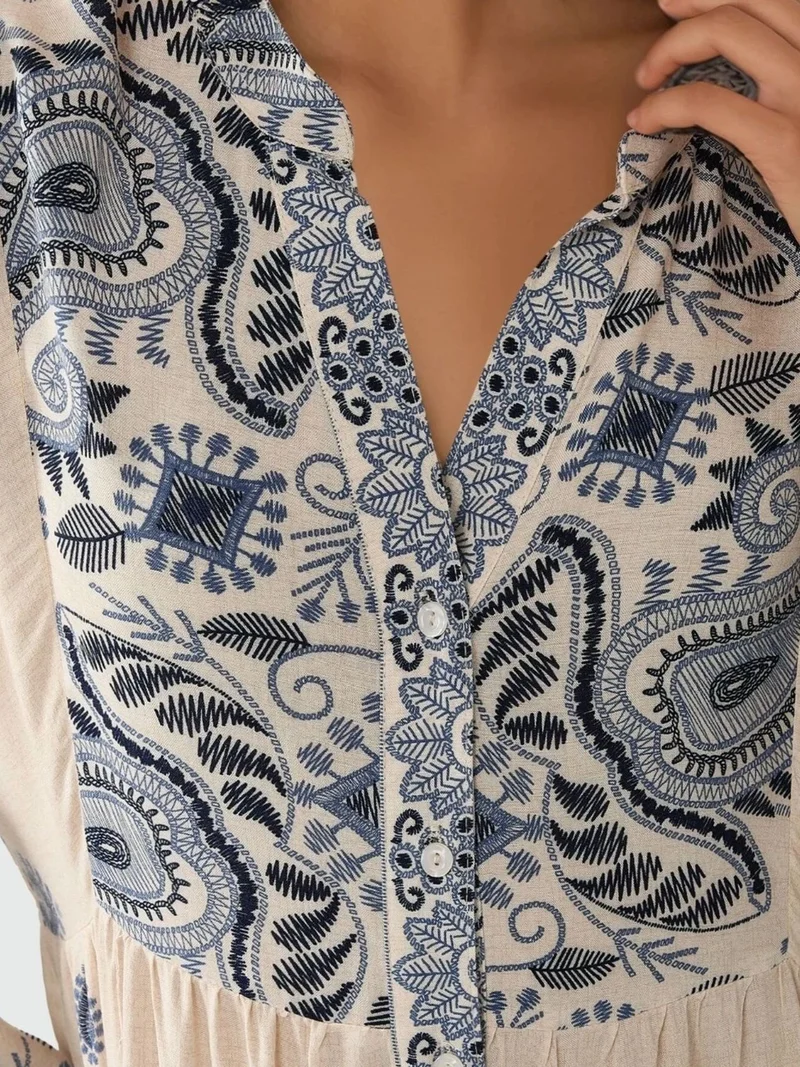 HICCUP Navy Blue Printed V-neck Maxi Dress with Button Detail for Women | Best Price UAE
