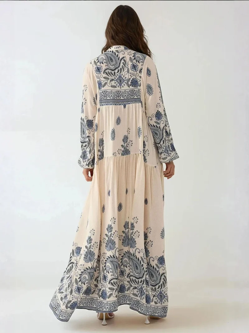 HICCUP Navy Blue Printed V-neck Maxi Dress with Button Detail for Women | Best Price UAE