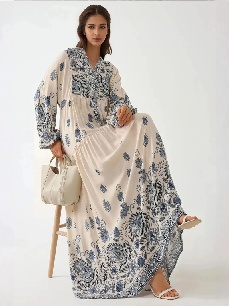 HICCUP Printed V-neck Maxi Dress with Button Detail
