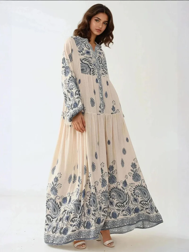 HICCUP Printed V-neck Maxi Dress with Button Detail