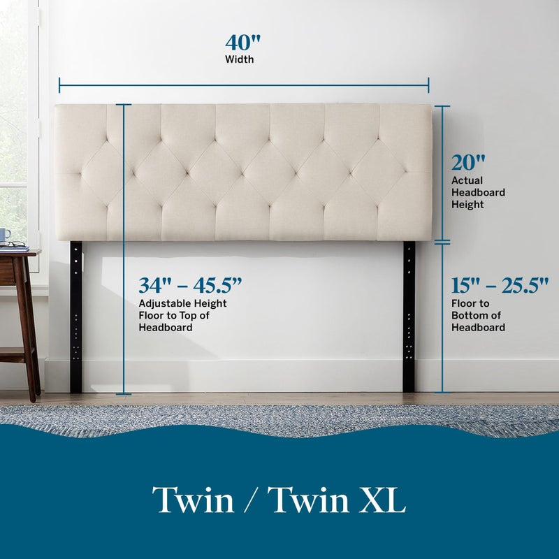 Lucid Mid-Rise Upholstered Headboard - Diamond Tufted - Padded Polyester - Adjustable Height from 34â€ to 46â€ - Easy Assembly - Bed Frame or Wall Mount - Sturdy - Pearl - Twin / Twin XL Size - Image 2