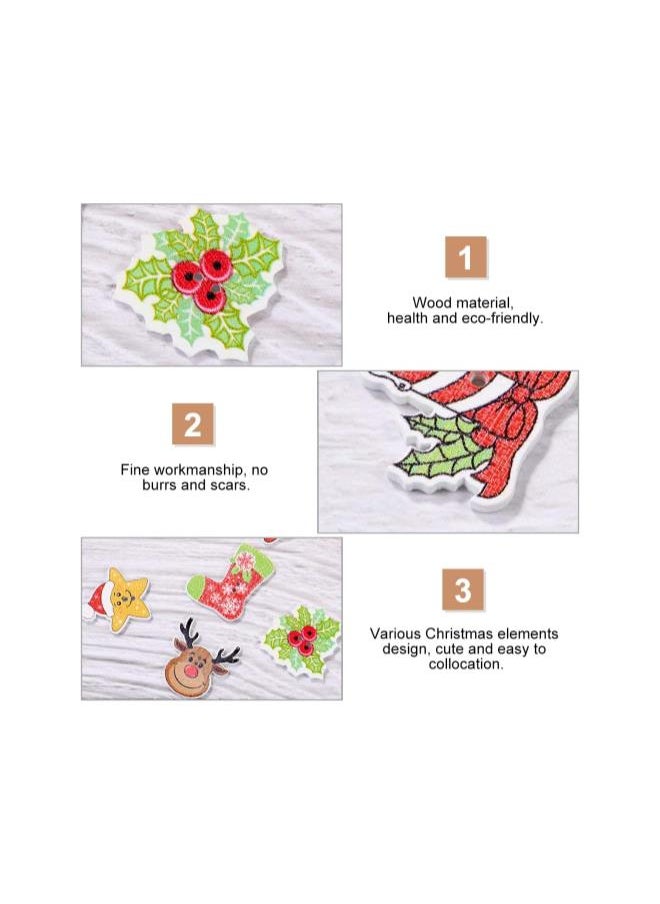 50pcs Wooden Christmas Buttons Sewing Craft Buttons Mini Reindeer Christmas Hat Embellishments Mixed Pattern