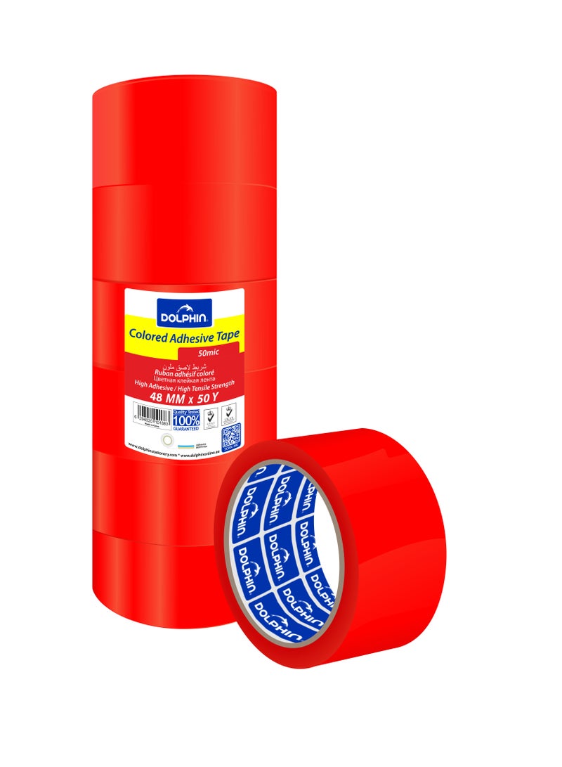 Dolphin Colour Adhesive Tape Red, 48mm × 50 Yards, 50 Micron, Pack of 6 Rolls