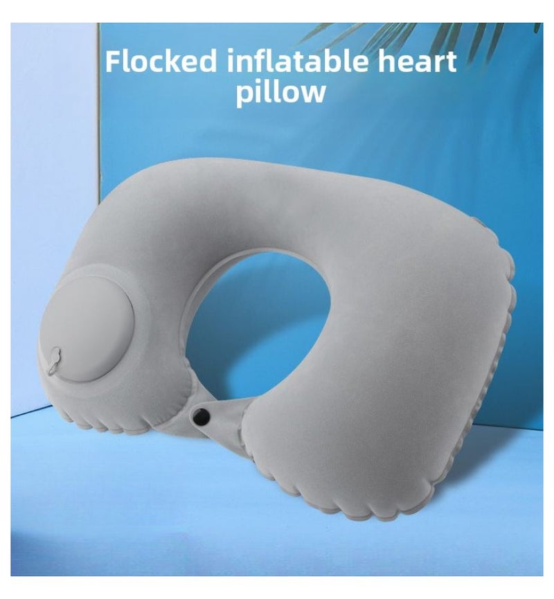 Flocked U Shaped Pillow Light Gray 1 Pack Portable Inflatable Travel Neck Cushion with Pressured Air Fill System Fast Charging Foldable Storage for Airplane Car Bus - Image 1