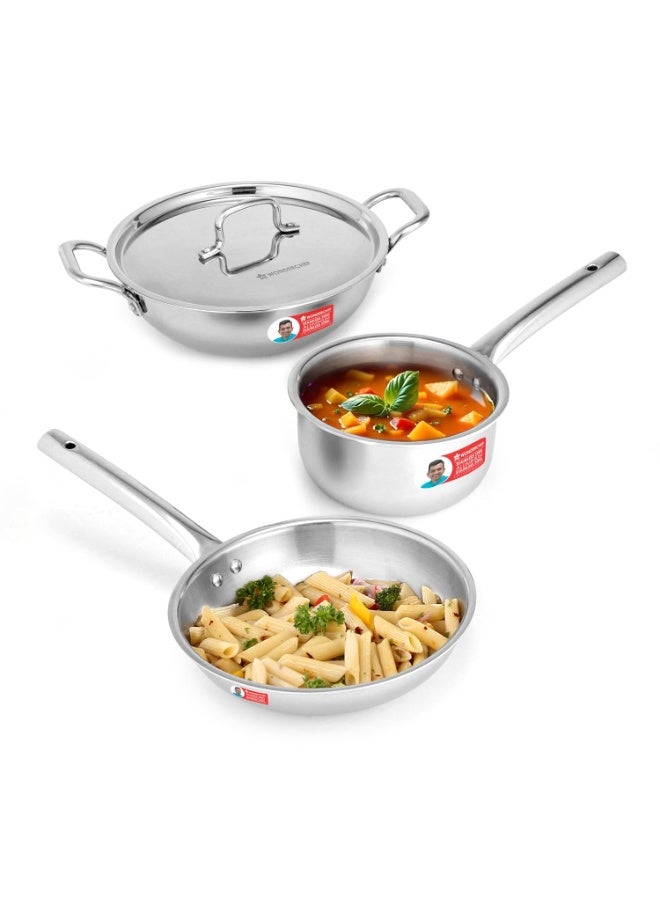 Wonderchef Venice Triply  3Pc. Cookware Set |Fry Pan 22cm, Kadhai with Lid 24cm, Saucepan 16cm |Non-Toxic |Uniform Heating |Heavy-Duty Handle |Easy Cleaning |10-Year Warranty - Image 1