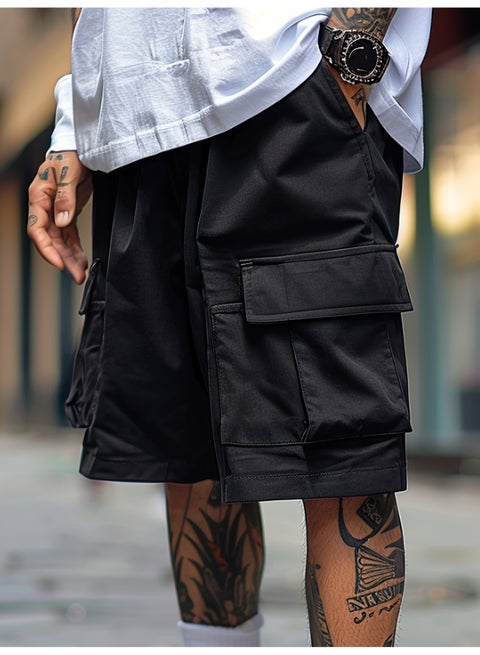 شورت كارغو رجالي أسود متعدد الجيوب برباط على الخصر مناسب للشارع والجيم