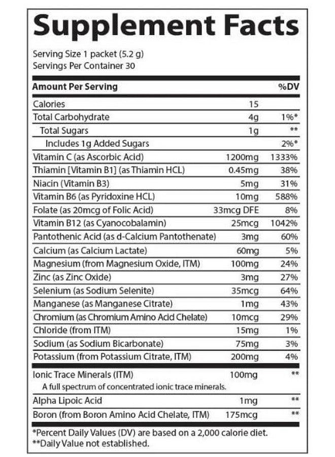 تراس مينيرالز معادن أثرية | عبوات مسحوق إلكتروليت باور باك | 1200 مجم فيتامين سي والزنك والمغنيسيوم | تعزيز المناعة والترطيب والطاقة الطبيعية | توت أكاي | 30 عبوة - Image 2