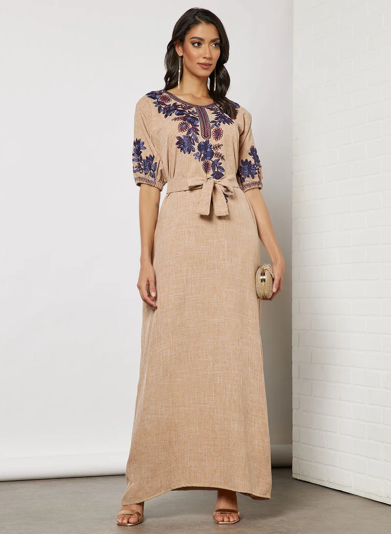 Hayat Jalabiya With  Floral Embroidery In Short Garterised Sleeves With Belt