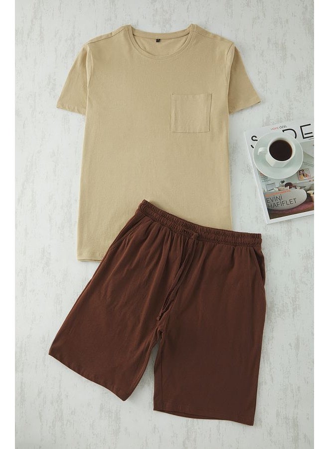 trendyol Beige - Brown Regular Fit 100% Cotton Knitted Shorts Pajama Set TMNSS25PT00033  - Image 2