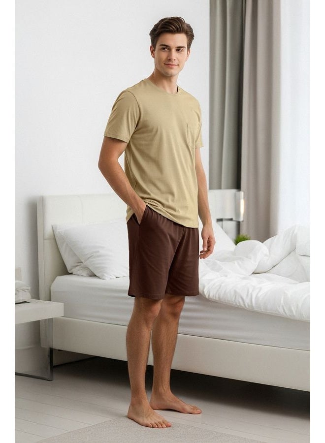 trendyol Beige - Brown Regular Fit 100% Cotton Knitted Shorts Pajama Set TMNSS25PT00033  - Image 1