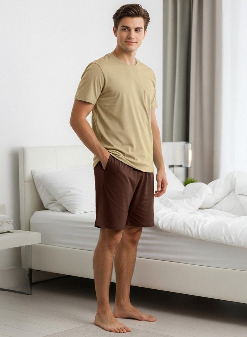 trendyol Beige - Brown Regular Fit 100% Cotton Knitted Shorts Pajama Set TMNSS25PT00033 - Image 2
