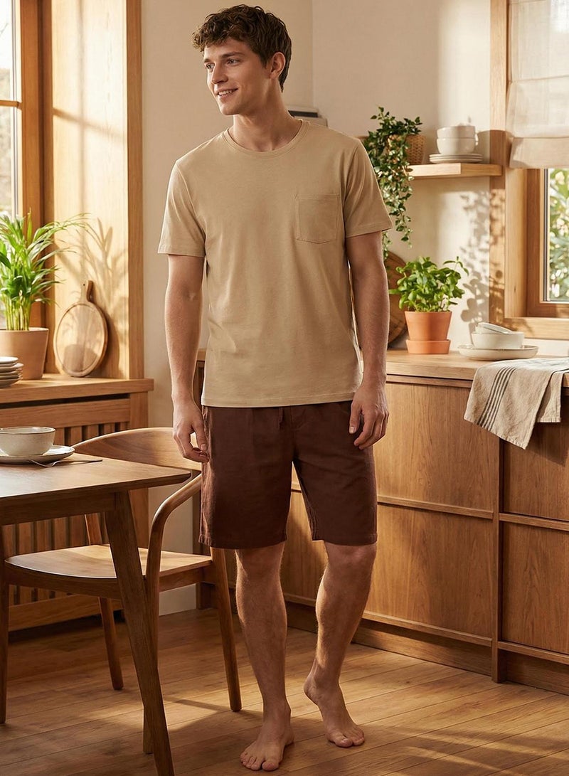 trendyol Beige - Brown Regular Fit 100% Cotton Knitted Shorts Pajama Set TMNSS25PT00033 - Image 1
