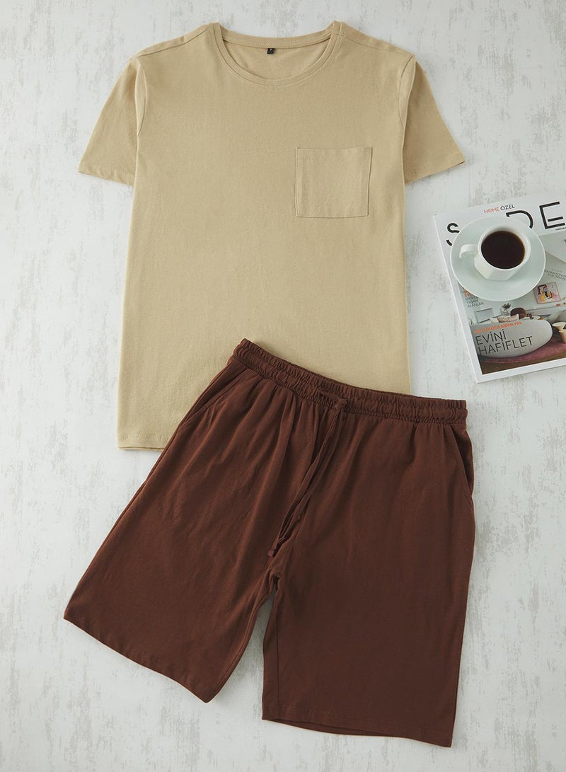 trendyol Beige - Brown Regular Fit 100% Cotton Knitted Shorts Pajama Set TMNSS25PT00033 - Image 3