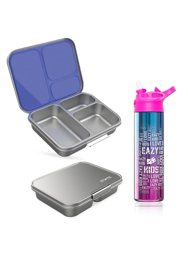 Eazy Kids 3 Compartment Bento Steel Kids Lunch Box With Stainless Steel 530Ml Kids Water Bottle - Purple