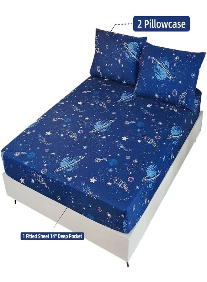 MAG 3 Pcs Full Bedding Set,Space Galaxy Sheets Planets Stars Full Sheet Set,for for Kids Teens Boys Girls and Space-Lovers,Super Soft Microfiber with 1 Fitted Sheet 14'' Deep Pocket and 2 Pillowcase. - Image 2