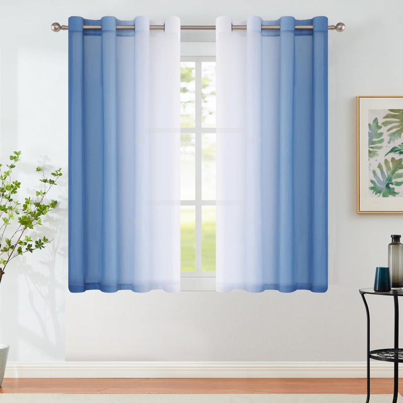 Purainbow Ombre Sheer Curtains Blue 54 Inches Length for Bedroom Living Room, Chiffon Crinkle Semi Sheer Short Curtain Panels Light Filtering Not See Through for Laundry Room, Grommet Top, 52" W - Image 1