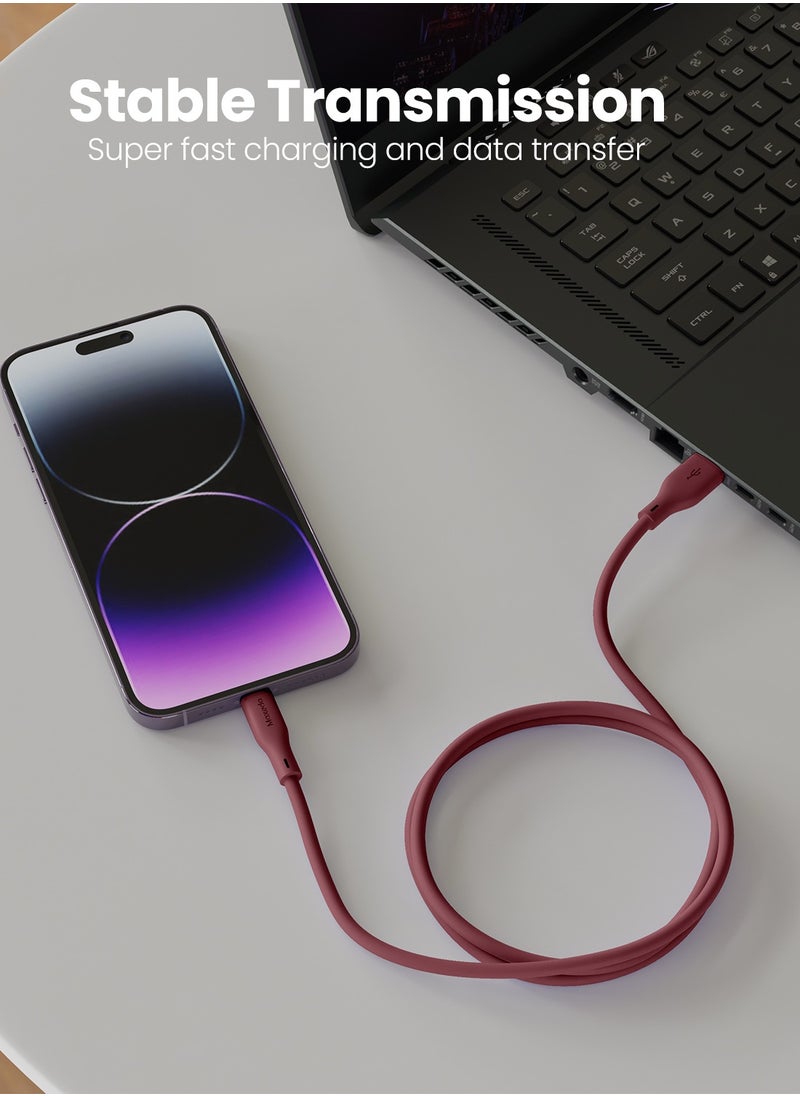 Moxedo Title: Moxedo CavoX Pro USB-A to Lightning   Silicone Cable 2.4A Fast Charge and Data Sync Compatible for iPhone 14/14Pro/13/13Pro/12/11/11Pro/11Max/ X/XS/XR/XS Max/8, iPad (Maroon, 2 Meter)  - Image 3