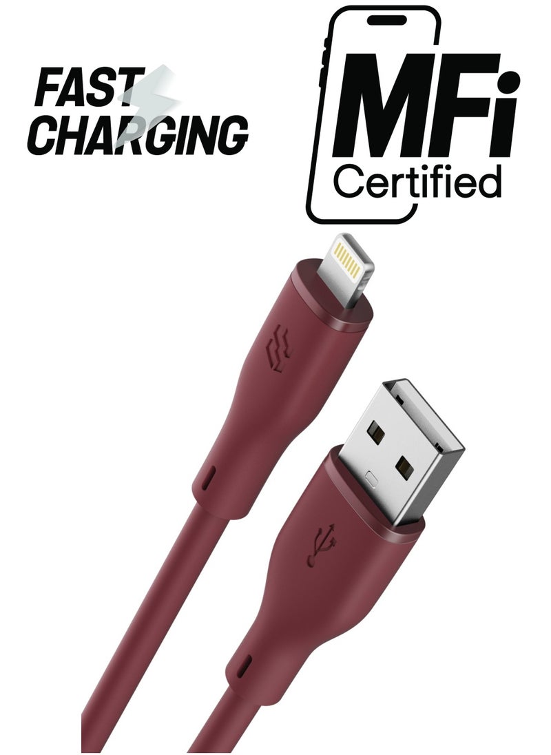 Moxedo Title: Moxedo CavoX Pro USB-A to Lightning   Silicone Cable 2.4A Fast Charge and Data Sync Compatible for iPhone 14/14Pro/13/13Pro/12/11/11Pro/11Max/ X/XS/XR/XS Max/8, iPad (Maroon, 2 Meter)  - Image 1
