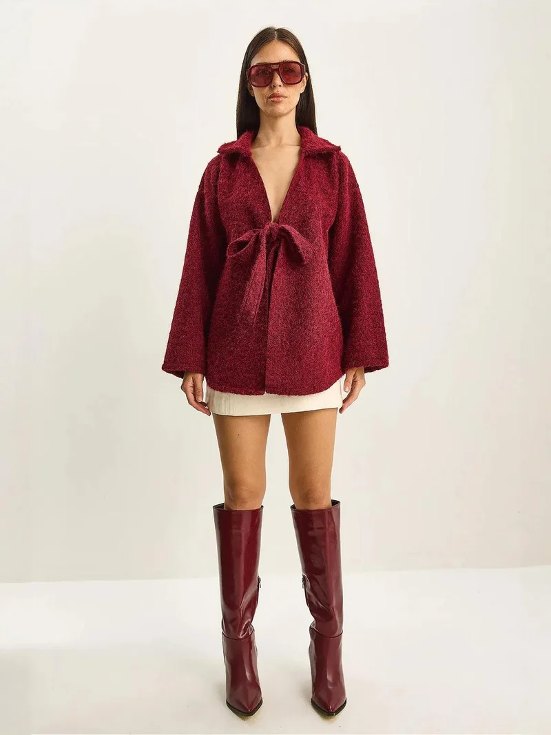 Bianco Lucci LUCCI Textured Oversized V-Neck Tie Closure Cardigan