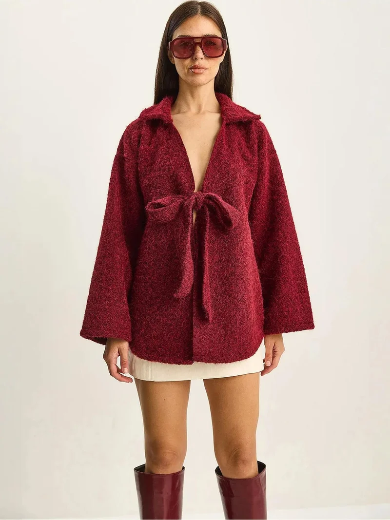 Bianco Lucci LUCCI Textured Oversized V-Neck Tie Closure Cardigan