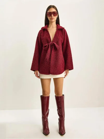 Bianco Lucci LUCCI Textured Oversized V-Neck Tie Closure Cardigan