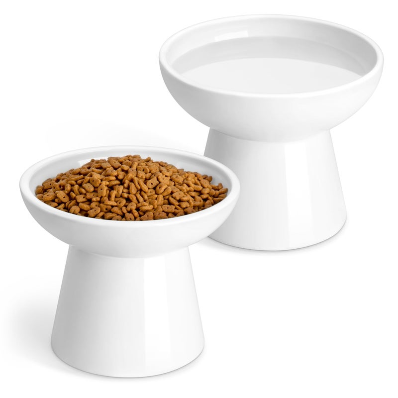 vancasso Extra Wide Elevated Cat Bowls 2Pack Shallow Ceramic Raised Cat Food and Water Bowls with 51 Height 62 Wide Anti Vomiting Whisker Friendly for Senior Cats and Small Dogs White - Image 2