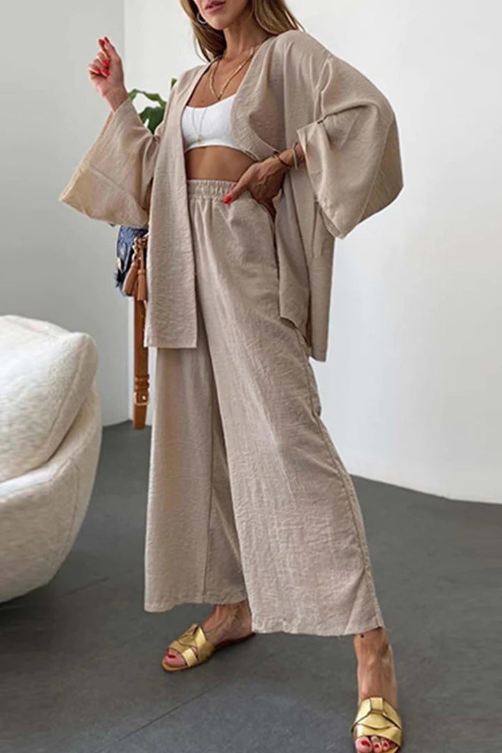 2024 Europe and the United States cross-border Amazon new cotton and linen suit cardigan long sleeve jacket pocket wide leg pants two-piece set Apricot