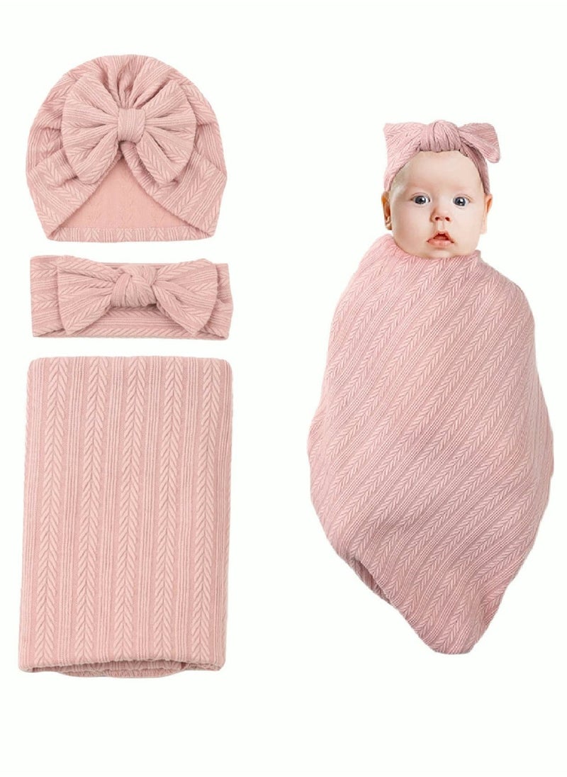 MIXDE Nishine 35"x33" Newborn Swaddle Blanket with Headband Set Wheat Pattern Swaddle Wrap Receiving Blanket for Baby Boy Girls Sleeping Bag 