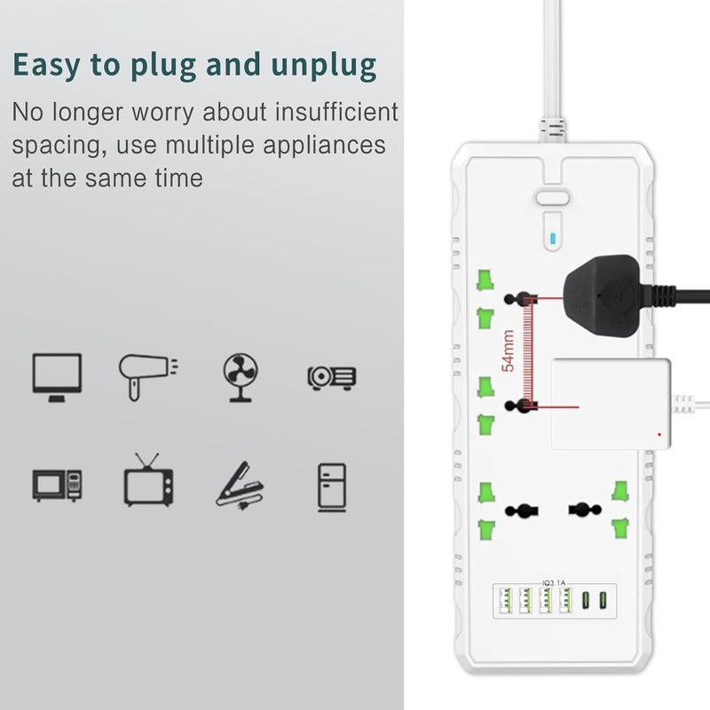 Maykela Extension Cord with 6 Outlets and 6 USB Slots 5M Cable Cord Power Strip 6 Way Universal Socket Power Strips Extension Lead Outlets Plug,Wall Mount UK Plug Cable 3000W Surge Protector White - Image 4