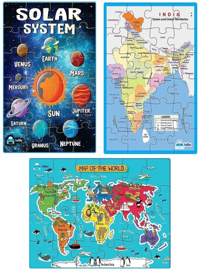 FunBlast Kid 3 In 1 Multicolor Jigsaw Puzzle - Solar System, Map Of India & World Map, 72 Pcs - Ages 3-6 - Image 1